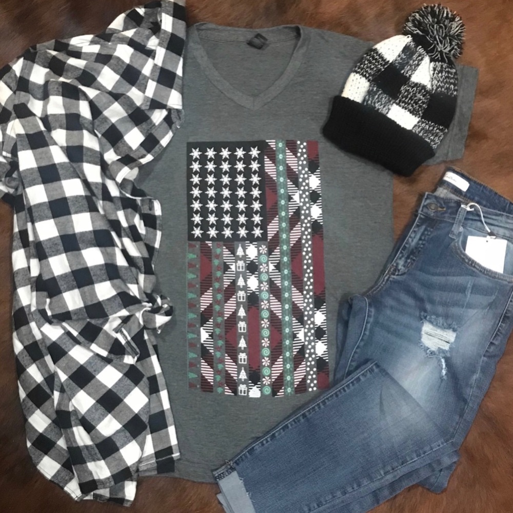 Plaid American Flag Christmas tee